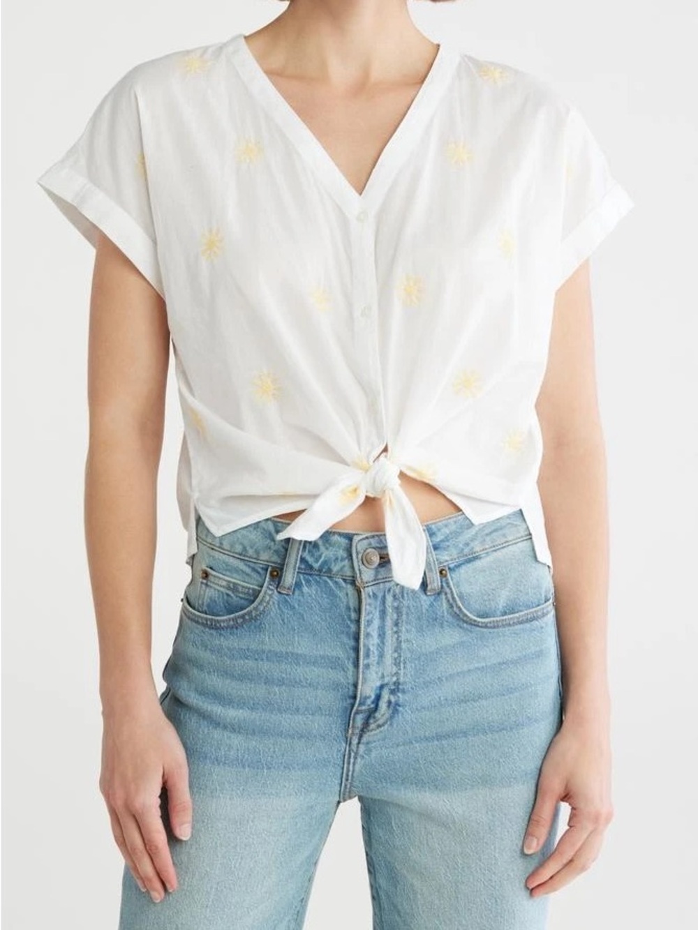 Lucky Brand V-Neck Embroidered Sun Button Down Front Knot Shirt